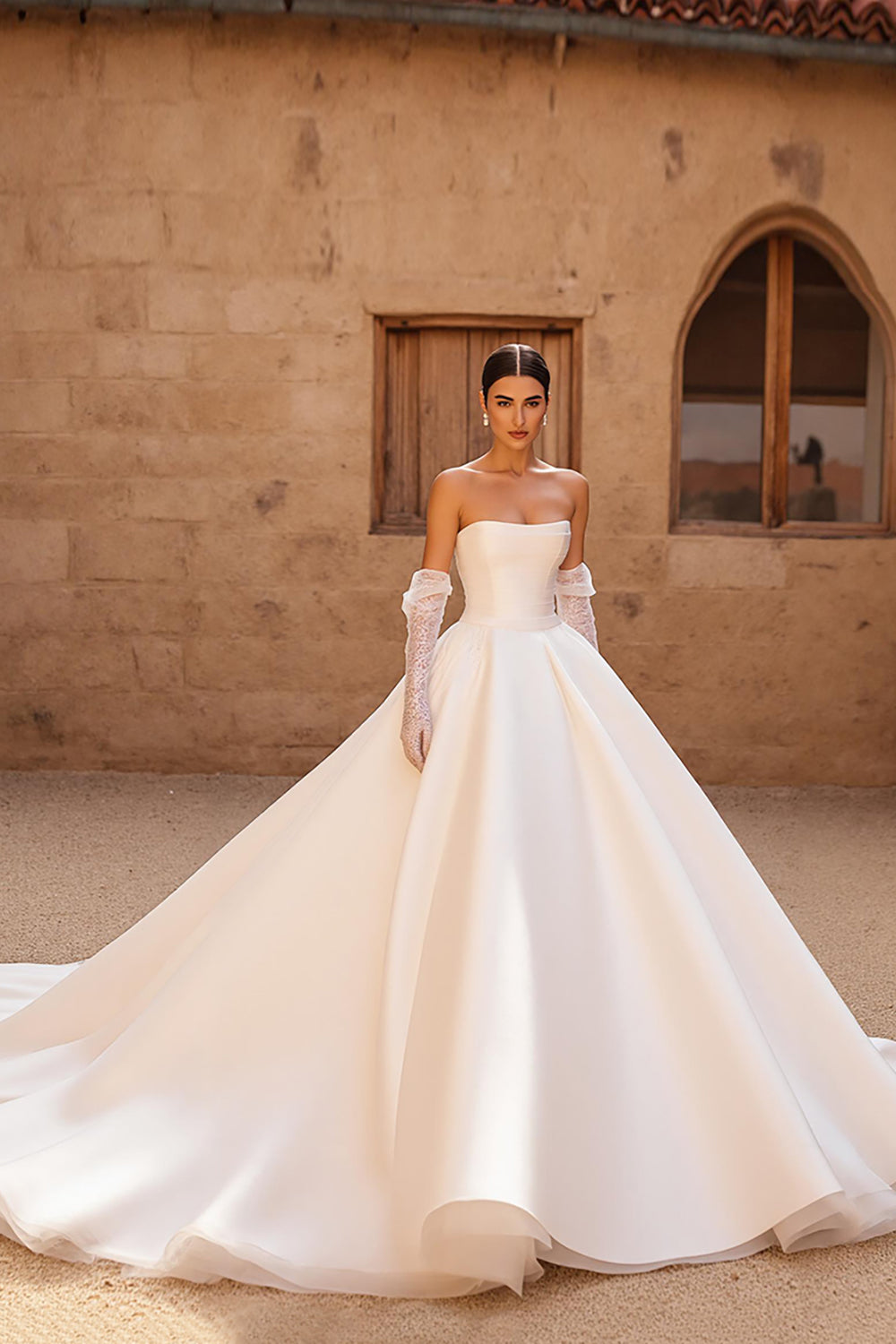 Zapaka Women Chapel Train Ivory Wedding Dress A Line Back Zipper Satin Sleeveless Bridal Dress ZAPAKA Zapaka Women Chapel Train Ivory Wedding Dress A Line Back Zipper Satin Sleeveless Bridal Dress ZAPAKA