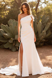 Ivory One Shoulder Simple Satin Mermaid Wedding Dress with Slit