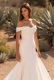 Ivory Satin Mermaid Off the Shoulder Court Train Wedding Dress