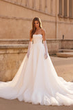 Organza A Line Strapless Chapel Train Ivory Wedding Dress