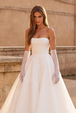 Organza A Line Strapless Chapel Train Ivory Wedding Dress
