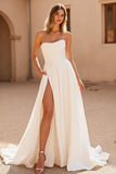 Ivory Strapless Ruched Chiffon A Line Wedding Dress with Slit