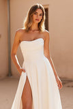 Ivory Strapless Ruched Chiffon A Line Wedding Dress with Slit
