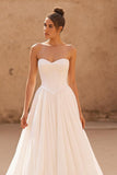 Ivory Organza A Line Strapless Chapel Train Wedding Dress
