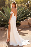 Mermaid Sweep Train Satin Ivory Wedding Dress with Slit