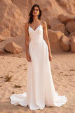 Ivory A Line Court Train Simple Satin Wedding Dress