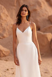 Ivory A Line Court Train Simple Satin Wedding Dress