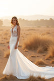 Ivory Mermaid Halter Chapel Train Wedding Dress with Lace