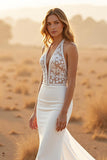 Ivory Mermaid Halter Chapel Train Wedding Dress with Lace
