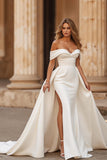 A Line Off the Shoulder Court Train Ivory Wedding Dress with Slit