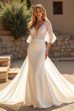 Mermaid V-Neck Court Train Ivory Wedding Dress with Lace