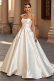 Simple A Line Strapless Court Train Ivory Wedding Dress