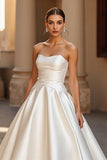 Simple A Line Strapless Court Train Ivory Wedding Dress