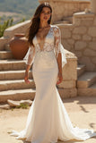 Ivory Chiffon Mermaid V-Neck Court Train Wedding Dress with Lace Appliques