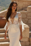 Ivory Chiffon Mermaid V-Neck Court Train Wedding Dress with Lace Appliques