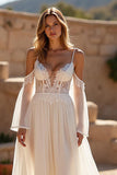 Ivory Chiffon A Line Cold Shoulder Court Train Wedding Dress with Lace Appliques