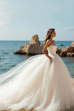 Tulle A Line Strapless Chapel Train Ivory Wedding Dress