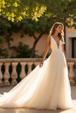 Chapel Train Tulle A Line V-Neck Ivory Wedding Dress