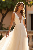 Chapel Train Tulle A Line V-Neck Ivory Wedding Dress