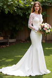 Satin Mermaid Bateau Court Train Ivory Wedding Dress with Lace