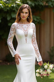 Satin Mermaid Bateau Court Train Ivory Wedding Dress with Lace