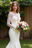 Satin Mermaid Bateau Court Train Ivory Wedding Dress with Lace
