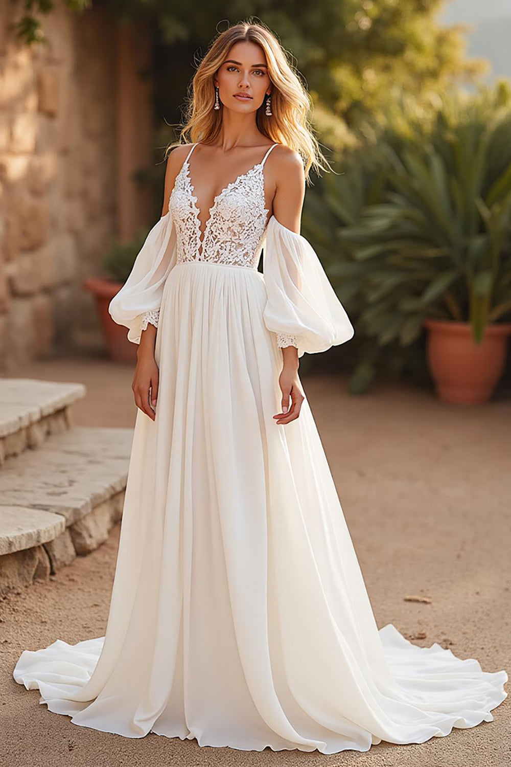 Zapaka Women Sweep Train Ivory Wedding Dress with Lace Chiffon V-Neck Back Zipper Bridal Dress ZAPAKA Zapaka Women Sweep Train Ivory Wedding Dress with Lace Chiffon V-Neck Back Zipper Bridal Dress ZAPAKA