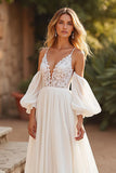 Sweep Train Chiffon A Line V-Neck Ivory Wedding Dress with Lace