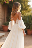 Sweep Train Chiffon A Line V-Neck Ivory Wedding Dress with Lace