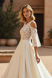 A Line Cold Shoulder Chapel Train Ivory Wedding Dress with Lace