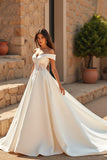 Ivory A Line Chapel Train Satin Wedding Dress with Lace Appliques