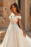 Ivory A Line Chapel Train Satin Wedding Dress with Lace Appliques