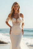 Off the Shoulder Chiffon Mermaid Ivory Wedding Dress with Lace Appliques