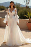 Chiffon A Line V-Neck Court Train Ivory Wedding Dress with Lace Appliques