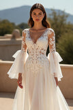 Chiffon A Line V-Neck Court Train Ivory Wedding Dress with Lace Appliques