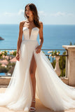 Strapless Simple Tulle A Line Ivory Wedding Dress with Slit