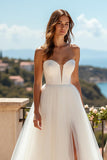 Strapless Simple Tulle A Line Ivory Wedding Dress with Slit