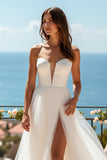 Strapless Simple Tulle A Line Ivory Wedding Dress with Slit