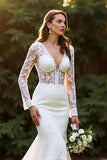 Ivory V-Neck Lace Mermaid Wedding Dress with Appliques
