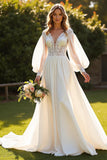 Chiffon A Line V-Neck Court Train Ivory Wedding Dress with Lace
