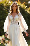 Chiffon A Line V-Neck Court Train Ivory Wedding Dress with Lace