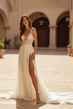 Ivory A Line Chapel Train Chiffon Wedding Dress with Slit