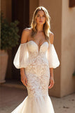 Ivory Mermaid Court Train Tulle Wedding Dress with Lace Appliques