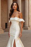 Simple Mermaid Off the Shoulder Court Train Ivory Wedding Dress with Slit