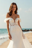Mermaid Court Train Ivory Off the Shoulder Wedding Dress with Lace Appliques