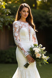 Lace Mermaid Bateau Court Train Ivory Wedding Dress with Appliques