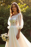 Bateau Chiffon A Line Ivory Wedding Dress with Lace Appliques