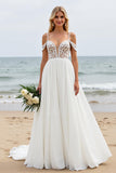 Ivory Sweep Train Chiffon A Line Cold Shoulder Wedding Dress with Lace Appliques
