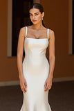 Ivory Court Train Satin Mermaid Square Neck Wedding Dress