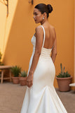 Ivory Court Train Satin Mermaid Square Neck Wedding Dress